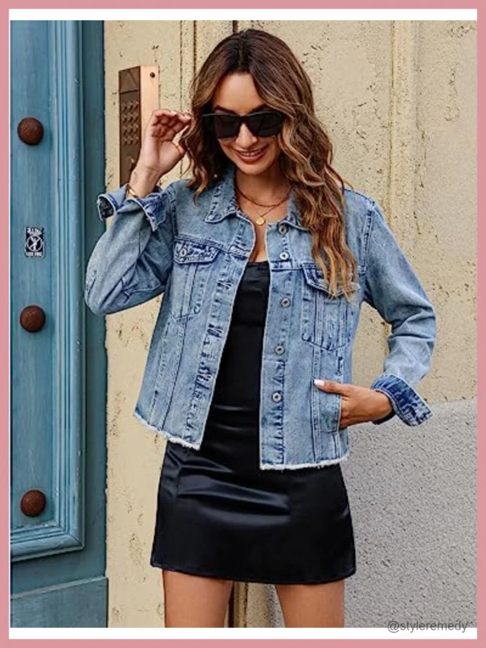 Women's Distressed Denim Jacket Button Up Vintage Western Trucker Frayed Hem